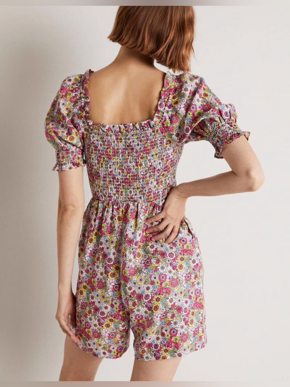 Boden 100% Pink Multi Floral Smocked Puff-Sleeve Romper - Picture 2 of 9